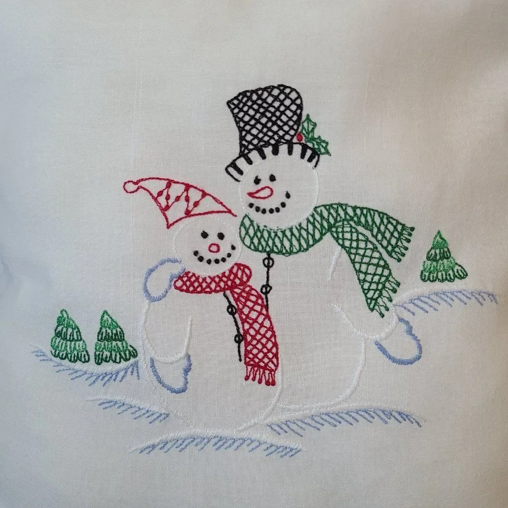 Christmas Snowmen Embroidered Throw Pillow Gold Cord Embellished Scalloped Trim